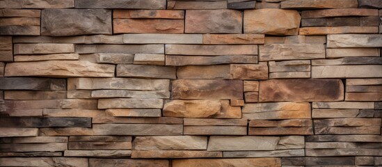 A detailed closeup of a brown brick wall made of rectangular bricks, a classic building material composed of composite materials like wood and rock - obrazy, fototapety, plakaty