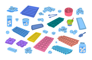 Vector ice cubes plastic trays spatulas doodle set. Different types of square, round, rectangular plastic forms for making ice. Round, cube, rectangular, trapezoid ice cubes for drinks, cocktails
