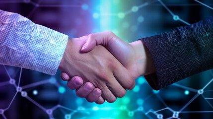 Close up of two businessmen shaking hands in city with double exposure of blurry network interface and planet hologram. Concept of internet and partnership. Toned image