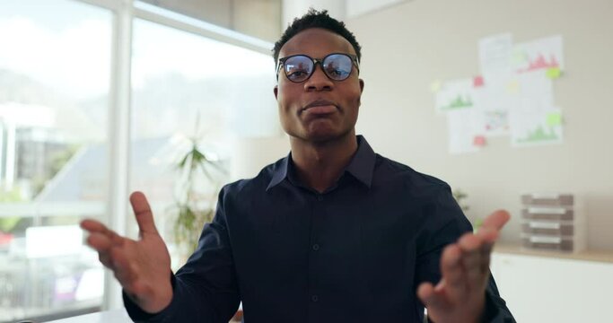 Hand, wave and black businessman in office with video call pov, communication or training advice. Hello, portrait or African corporate coach with video conference for consulting, planning or faq help