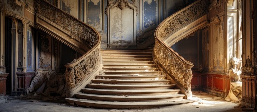 Vintage staircase in an abandoned building. 