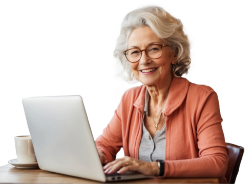 Senior woman with glasses working with laptop isolated on white or transparent background, smiling and looking at the camera, PNG
