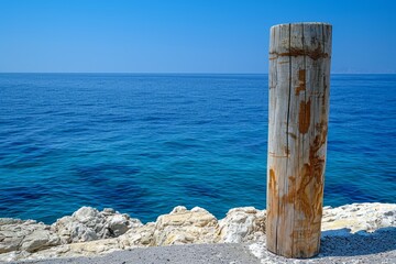 Fototapeta premium A wooden pier with a blue and white color scheme. The pier is located in the ocean and is surrounded by water. The image has a calm and peaceful mood, as it captures the beauty of the pier