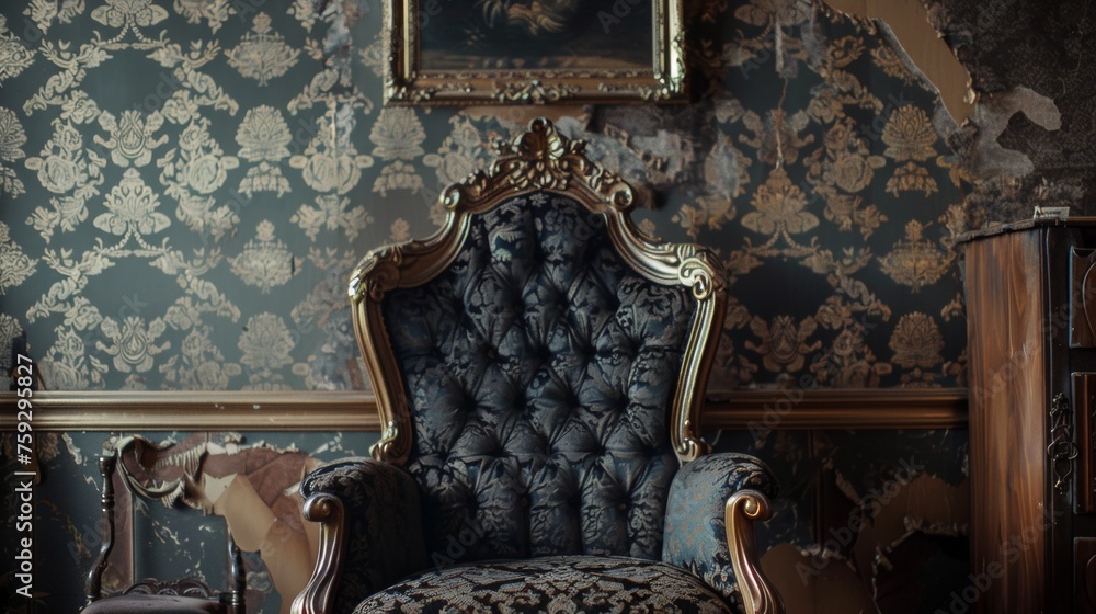 Canvas Prints A chair sitting in a room with wallpaper and an old painting, AI