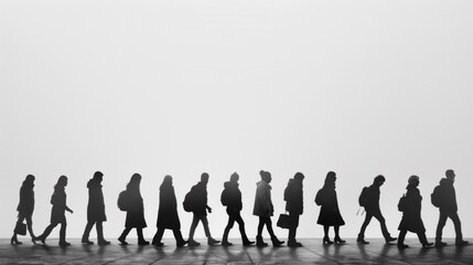 A group of people walking in a line with their back to the camera, AI