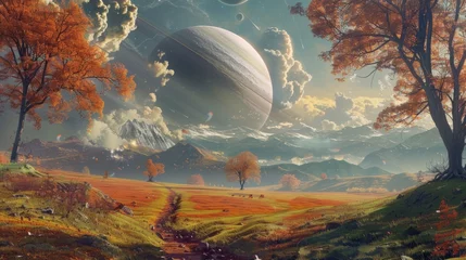 Foto op Canvas A painting of a landscape with planets and trees in the background, AI © starush