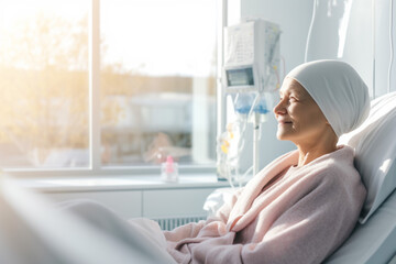 Portrait of a happy, elderly woman in a headscarf for cancer patients, recovering from illness - obrazy, fototapety, plakaty