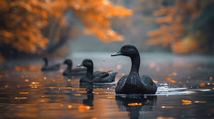 Fototapeta premium Black ducks swimming in a serene autumn lake with fallen orange leaves