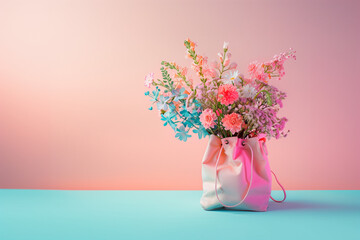 Pastel beach bag full of fresh flowers, copy space