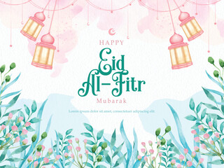 Pink and Blue Splash with Florals Background on Muslim Greeting Card
