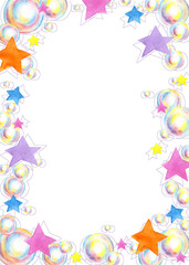 Watercolor illustration rectangular frame with soap bubbles, stars and lilac outlines. Symbol of summer fun, swim time, carnival, bubble party. Compositions for posters, cards, banners, flyers, covers