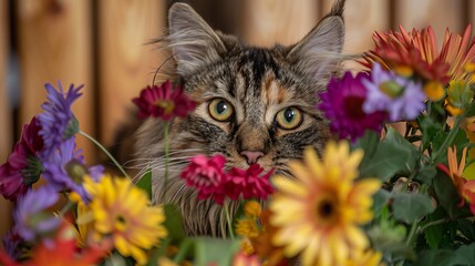 A Maine Coon cat peeking out from behind a colorful bouquet of flowers, 