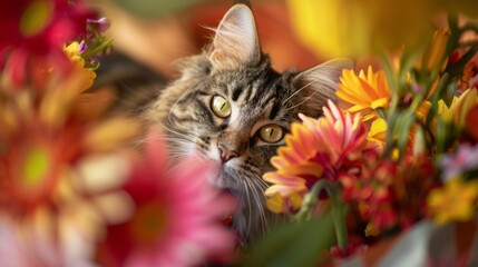 A Maine Coon cat peeking out from behind a colorful bouquet of flowers, 