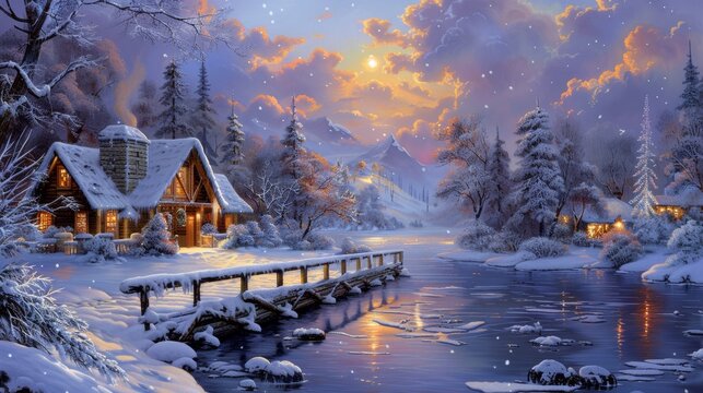 A painting of a snowy scene with a cabin and bridge, AI