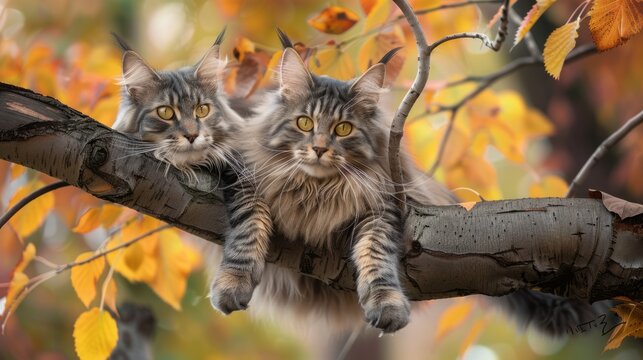 A regal Maine Coon cat perched on a tree branch against a backdrop of autumn leaves, 