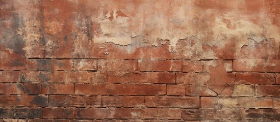 A closeup photo of a brown brick wall with peeling paint, showcasing intricate brickwork patterns on the rectangular building material