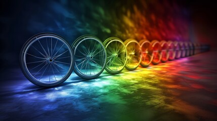 A row of bicycle wheels with different colored spokes in a rainbow pattern, AI