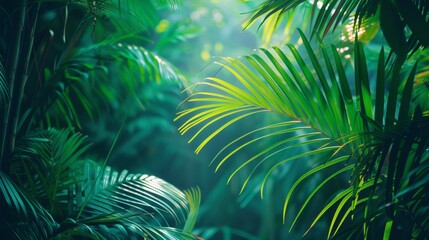 A close up of a tropical jungle with many green leaves, AI