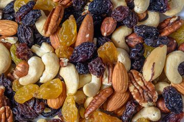 background with a cashew, hazelnuts, raisins and peanuts. Mixed nuts and raisins texture.13