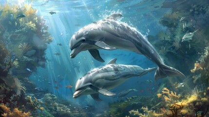 Obraz premium Two dolphins swimming in a coral reef under the water, AI