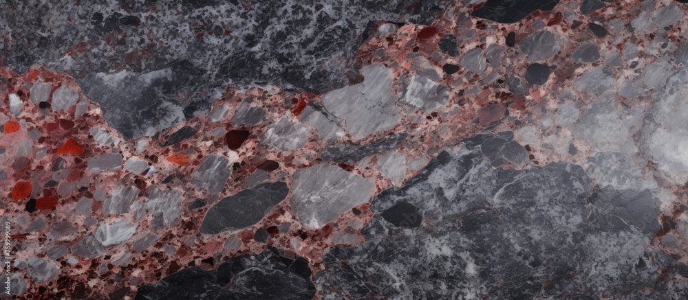 Poster a detailed view of a grey and red granite countertop, showcasing its intricate pattern and texture r