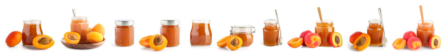 Set of sweet apricot jam on white background