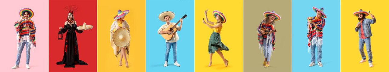 Collage of happy Mexican people with national symbols on color background