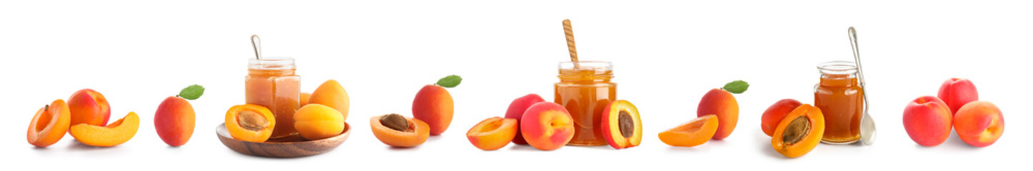 Set of sweet apricot jam and fruit on white background