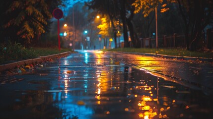 A wet road with street lights and a tree in the background, AI