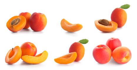 Set of many sweet apricots on white background