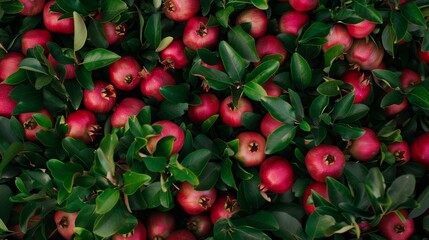 A bunch of red apples and green leaves on a table, AI