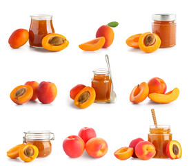 Set of sweet apricot jam and fruit on white background