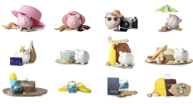 Set of piggy banks and many traveler's accessories isolated on white