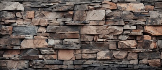 Fototapeta premium A detailed closeup of a stone wall showcasing various types of rocks, creating a unique pattern. The wall is made of composite materials such as bedrock, brickwork, and building materials