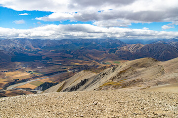 panorama of southern alps in torlesse tussocklands national park as seen from the top of castle...