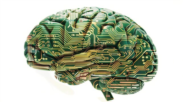Modern ideas like Artificial Intelligence (AI), machines learning, neural networks, and other advanced technologies. A brain symbolizing AI with a design resembling a printed circuit board (PCB)