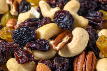 background with a cashew, hazelnuts, raisins and peanuts. Mixed nuts and raisins texture.3