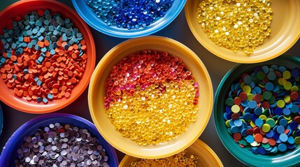Colorful plastic granules and finished plastic plates represent different stages in the manufacturing process of plastic products. - obrazy, fototapety, plakaty