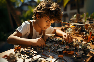 Focused Child Engaged in Electronics Project.

A concentrated young boy deeply involved in assembling an electronics project, a perfect image for education and STEM concepts.