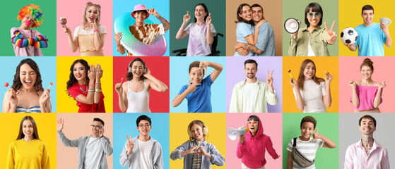 Obraz na płótnie Canvas Set of happy people on color background