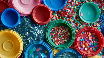 Colorful plastic granules and finished plastic plates represent different stages in the manufacturing process of plastic products.