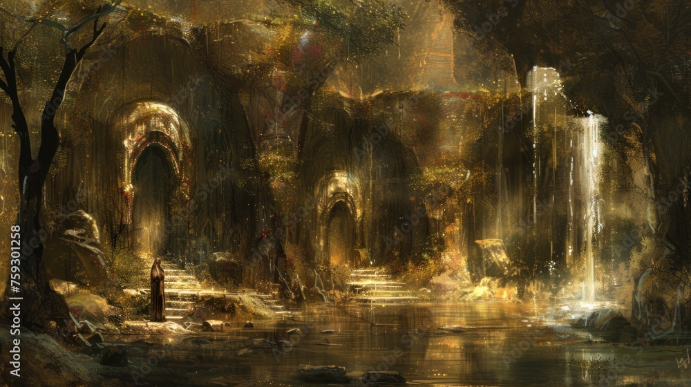 Poster a painting of a waterfall in the middle of a forest with a man standing in the middle of the stream.
