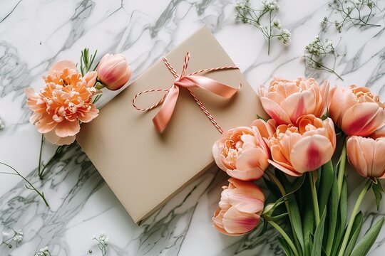 Gift box and flower bouquet on marble background. Generative AI.