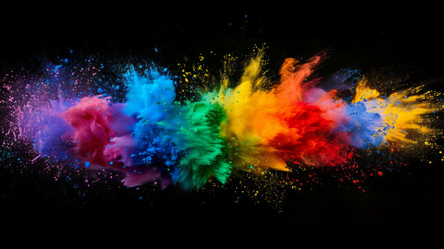Colorful powder particles explosion in vibrant spectrum of rainbow colors on black background. Holi festival