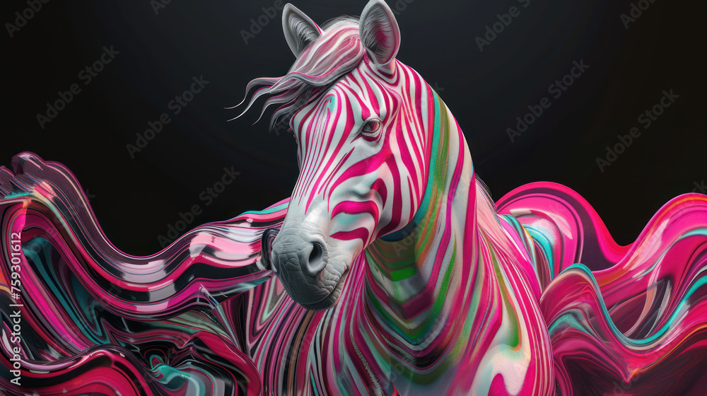 Poster a multicolored zebra standing in front of a black background with a black background and a black background behind it.