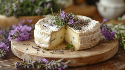 Obraz na płótnie Canvas a piece of cheese sitting on top of a wooden cutting board next to purple flowers and a vase of greenery.