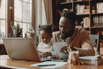 Father Assisting Child with Laptop at Home Office - obrazy, fototapety, plakaty