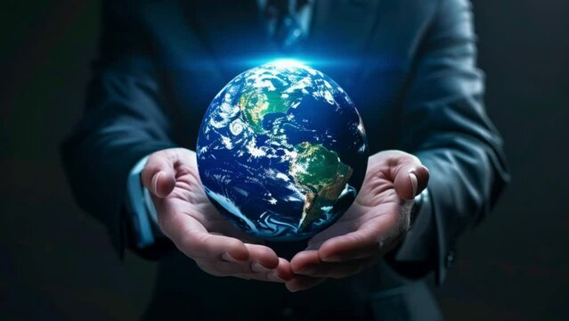 Businessman holding a glowing Earth in darkness, depicting global leadership 