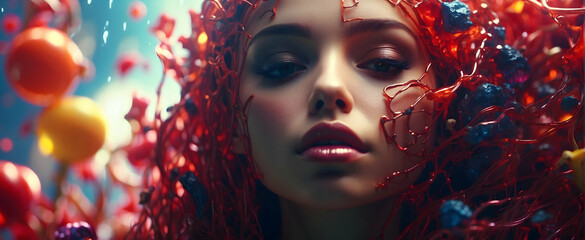 Artistic and surreal portrait of a girl with liquid-like red strands and vibrant colors - obrazy, fototapety, plakaty