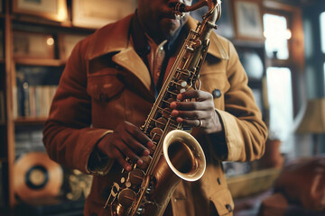 Jazz Musician Immersed in a Saxophone Solo Performance - obrazy, fototapety, plakaty